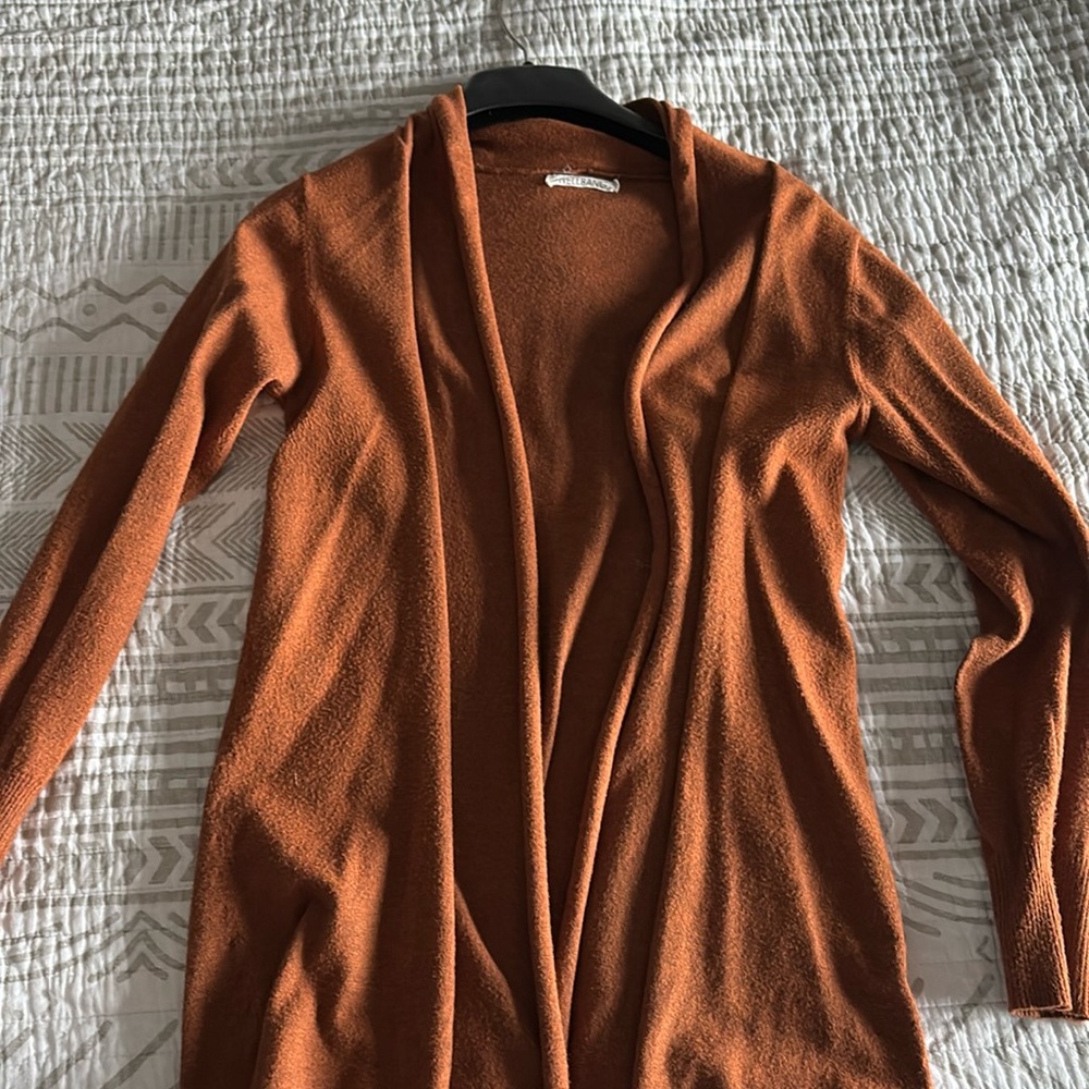 Mustard/copper colored cardigan.